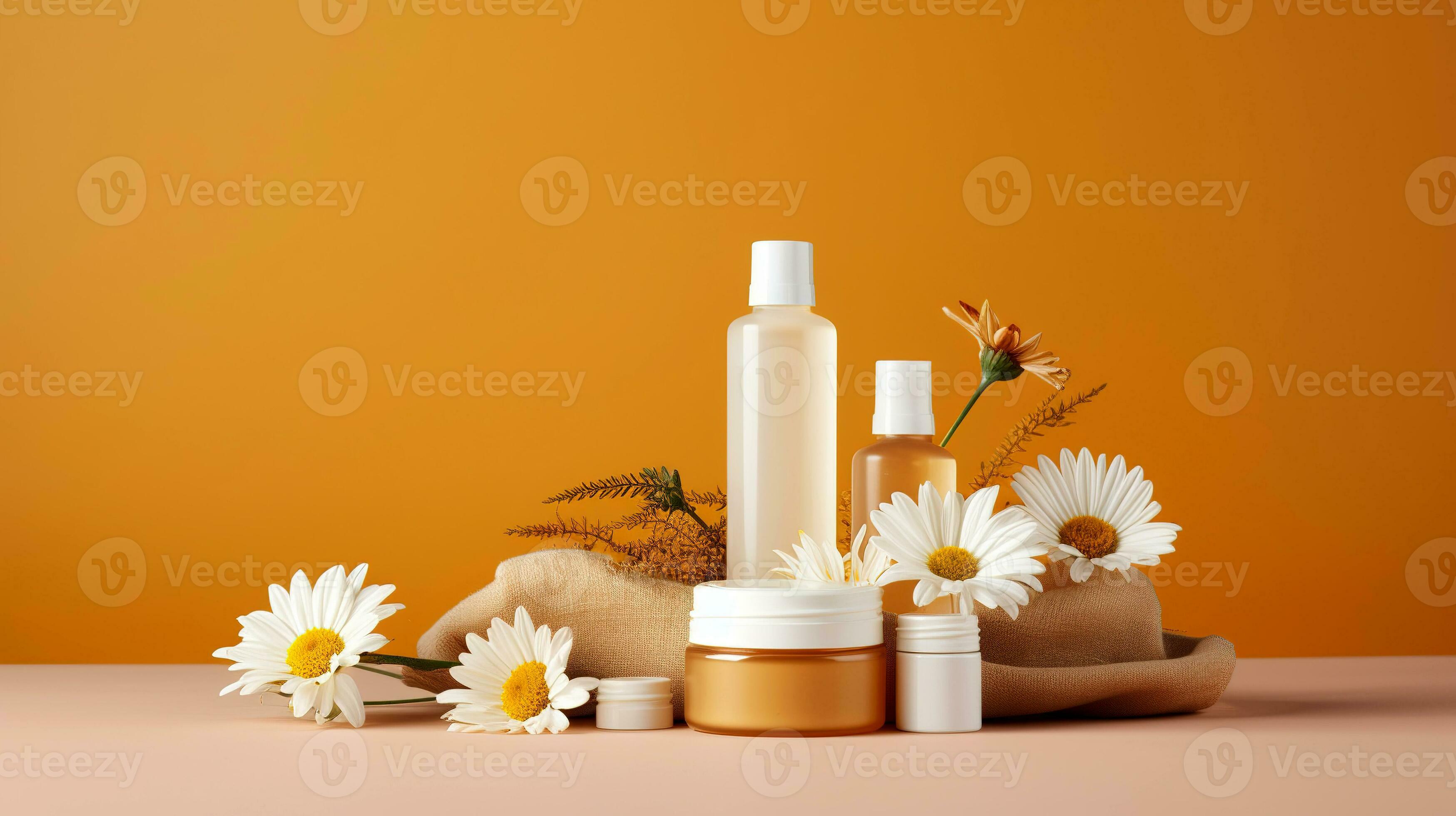 Natural cosmetic skincare serum packaging with leaf fern and fresh juicy  orange fruit on white background. Beauty vitamin ingredient. alternative  medicine. Flat lay, top view, copy space Stock Photo