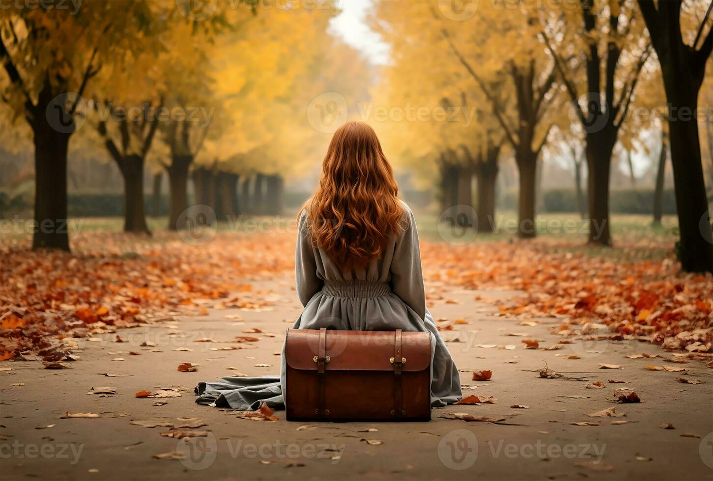 Redhead girl with suitcase in the autumn park. AI Generated photo