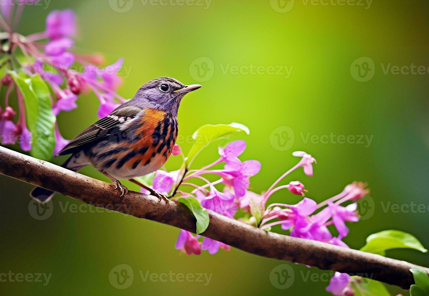 Robin bird in Spring season on a tree branch covered with purple flowers. AI Generated photo