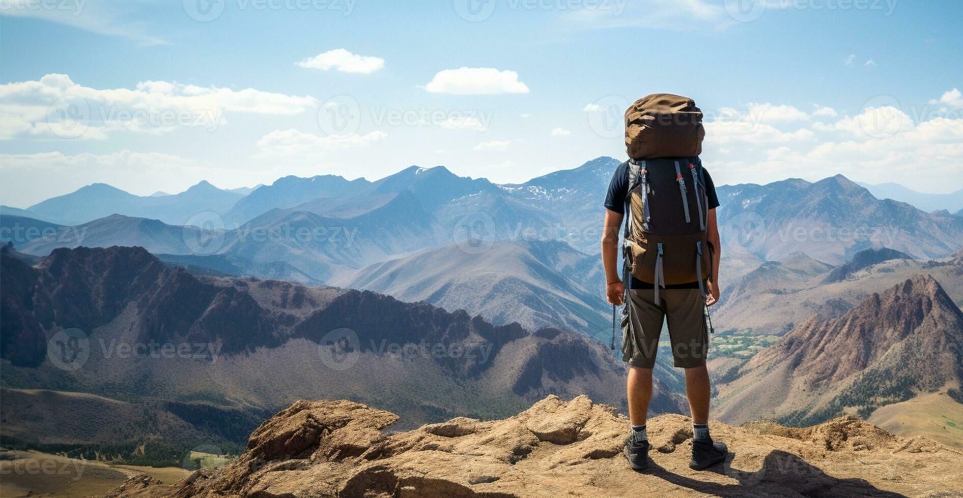 a hiker standing at the peak of a mountain with a backpack. AI Generated photo