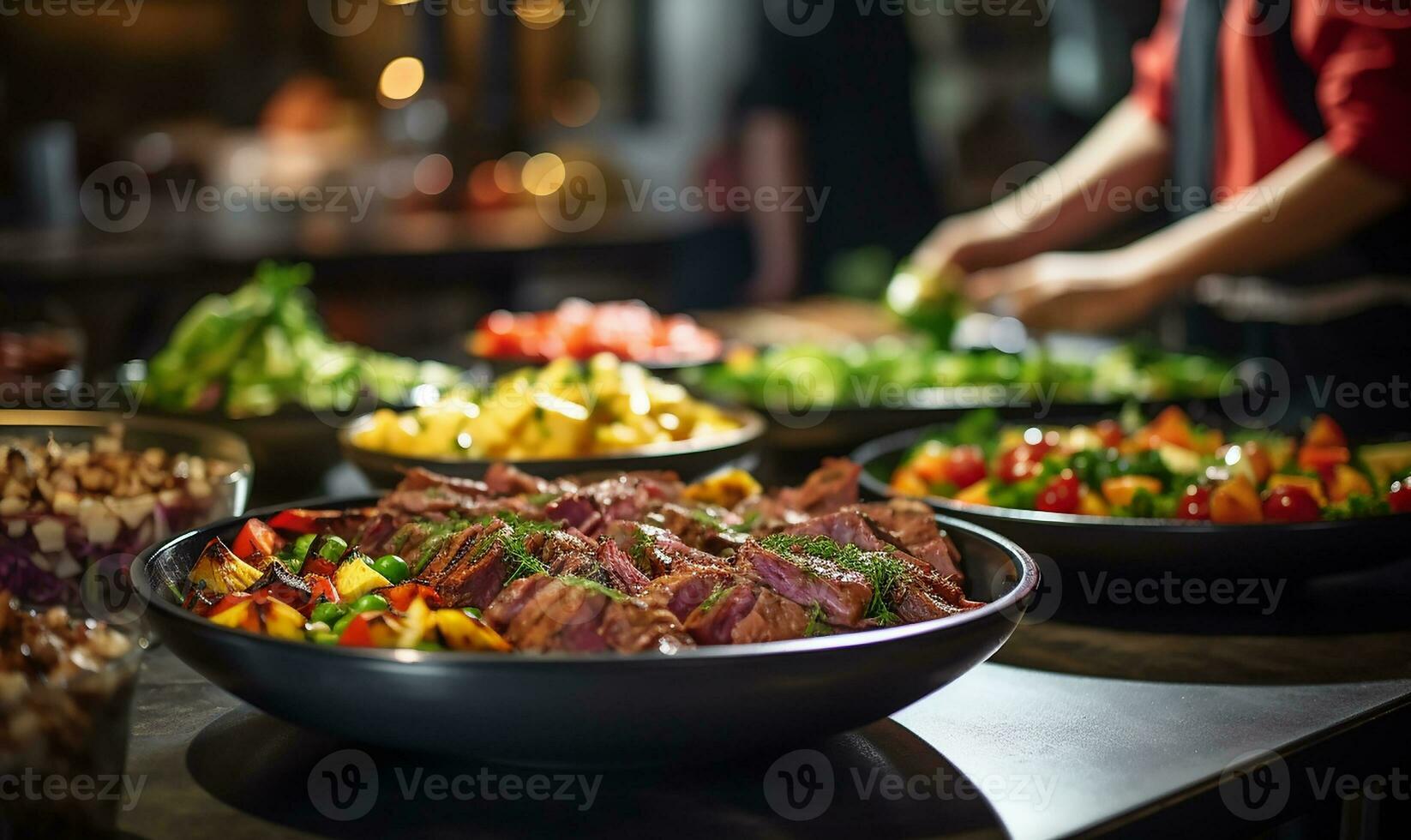 grupo de personas abastecimiento buffet comida adentro en un restaurante. ai generado foto