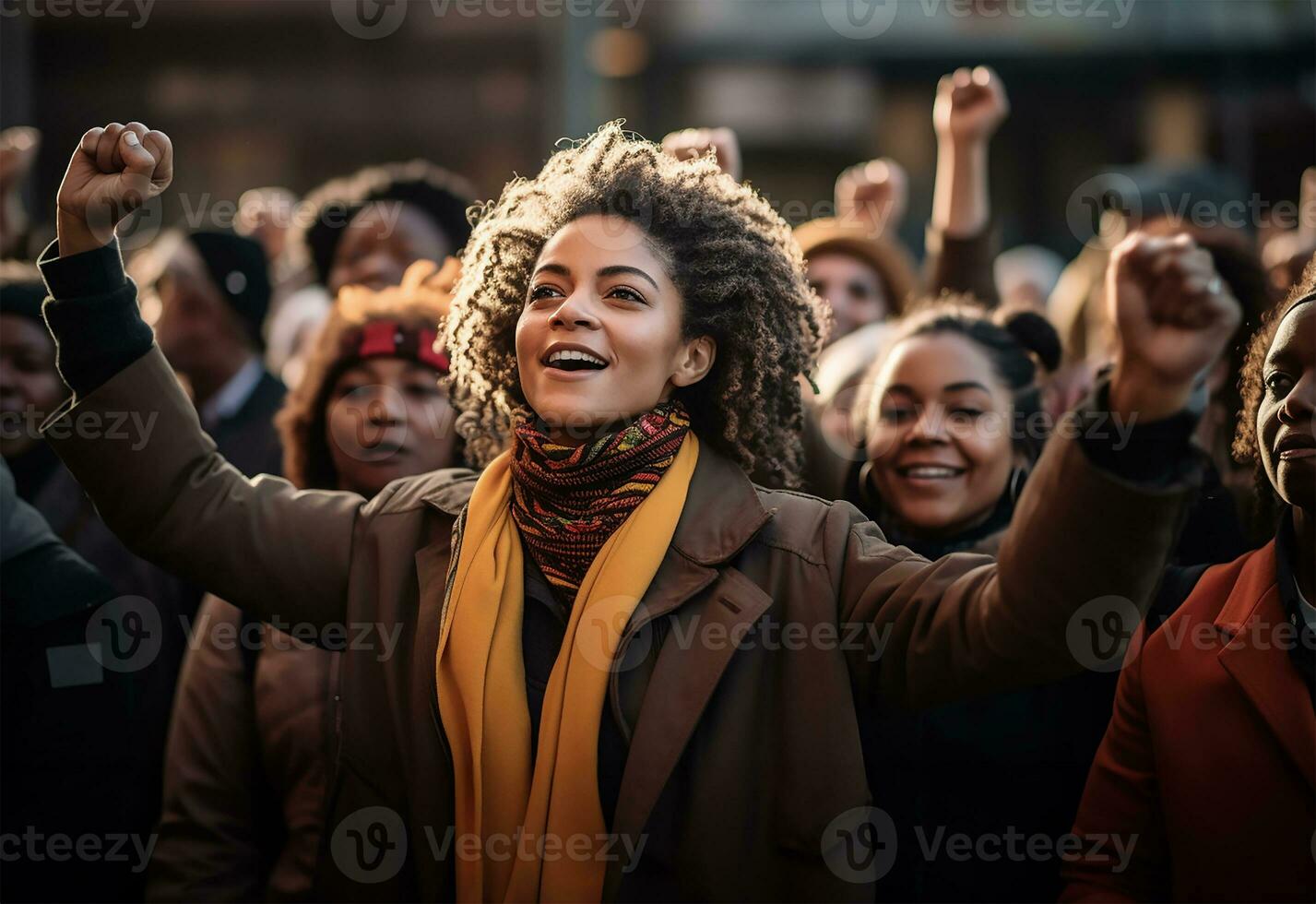 Black women march together in protest. AI Generated photo