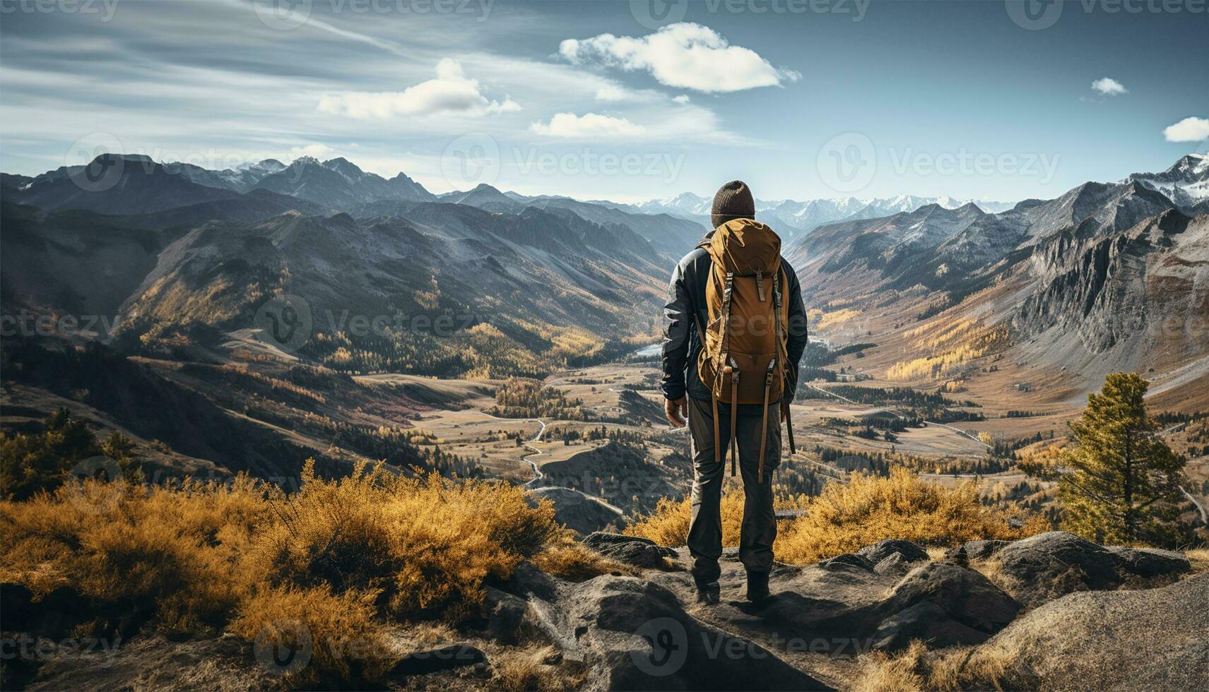 a hiker standing at the peak of a mountain with a backpack. AI Generated photo