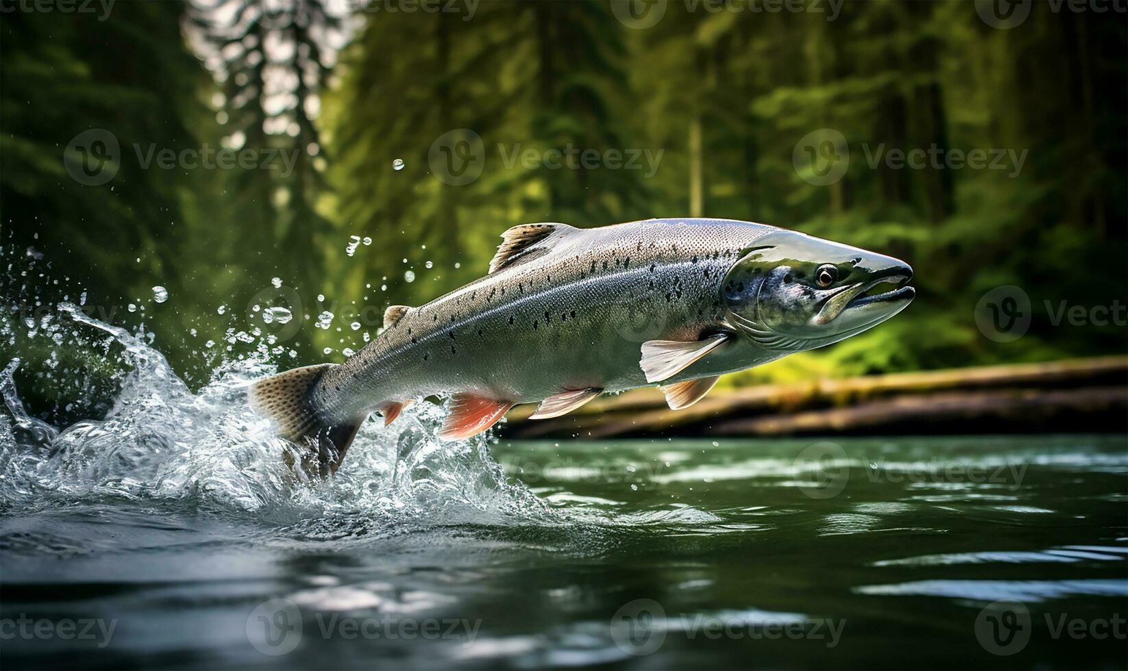 salvaje chinook salmón pescado saltando fuera de río agua en un bosque. ai generado foto