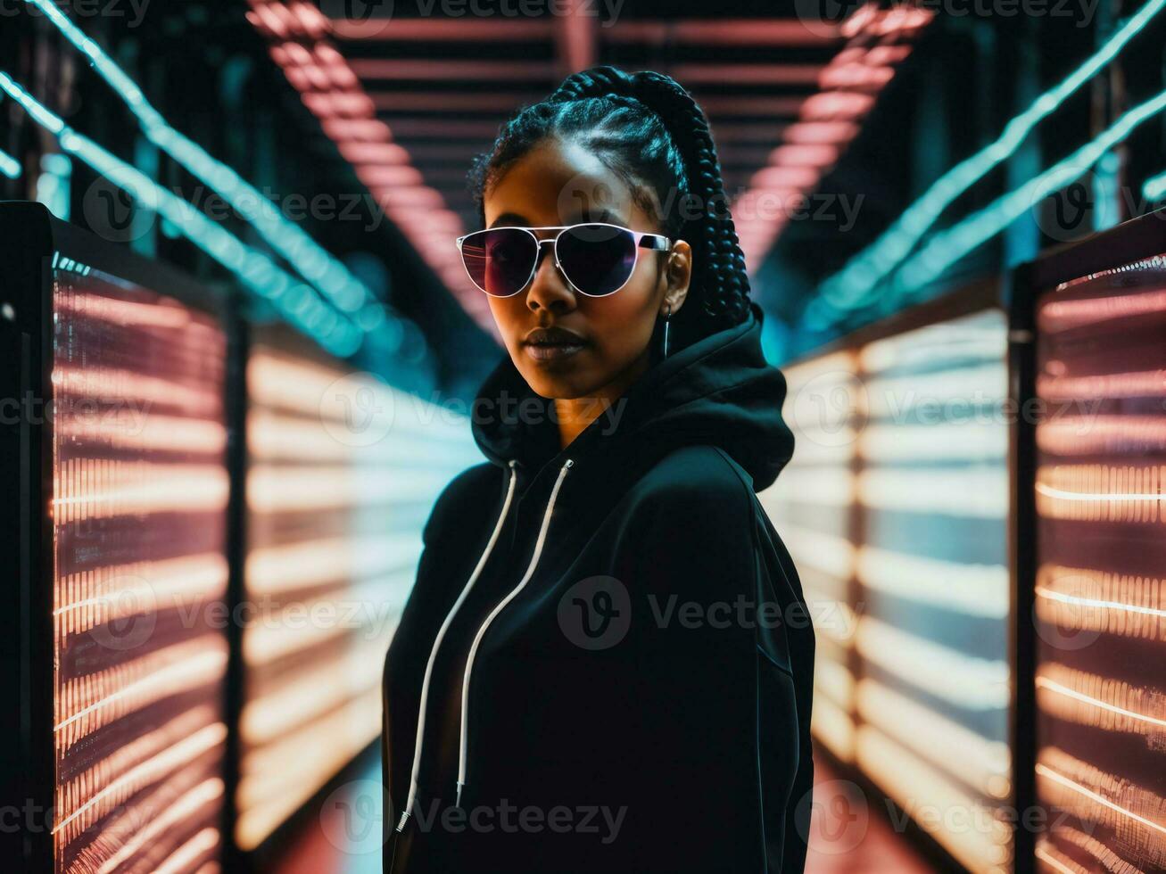 photo of black woman in black hoodie in server data center room with neon light, generative AI