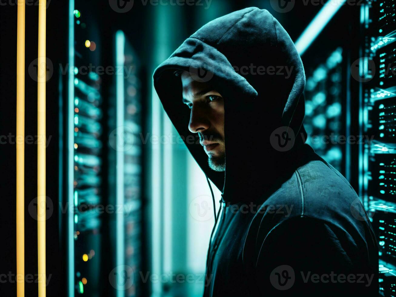 photo of man in black hoodie in server data center room with neon light, generative AI