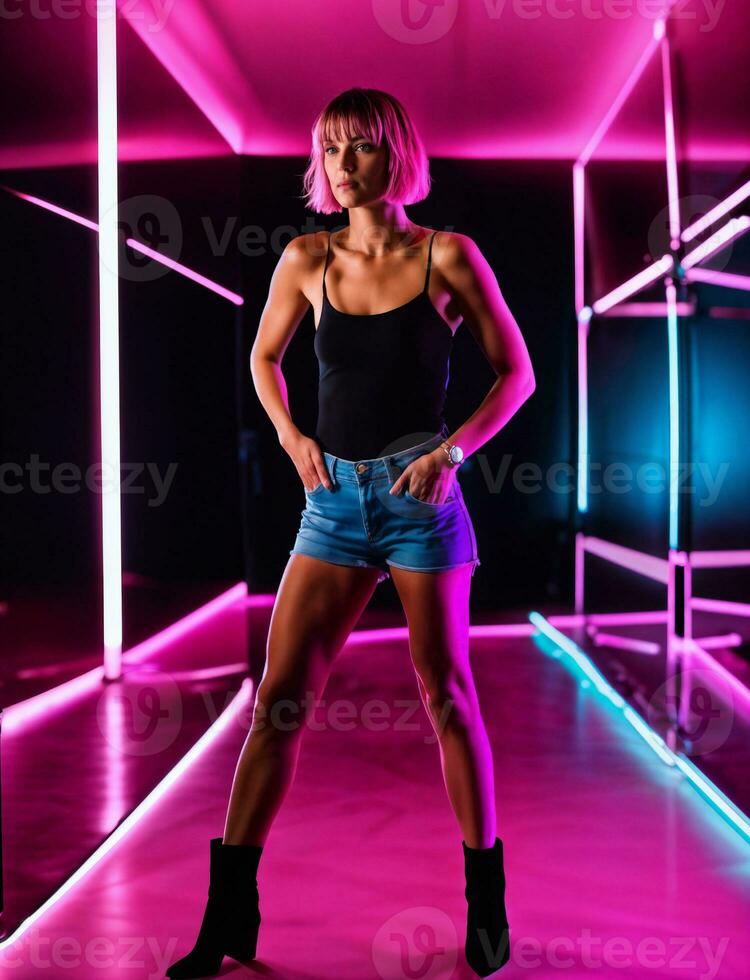 photo of beautiful woman with short hair and mixed pink neon light, generative AI