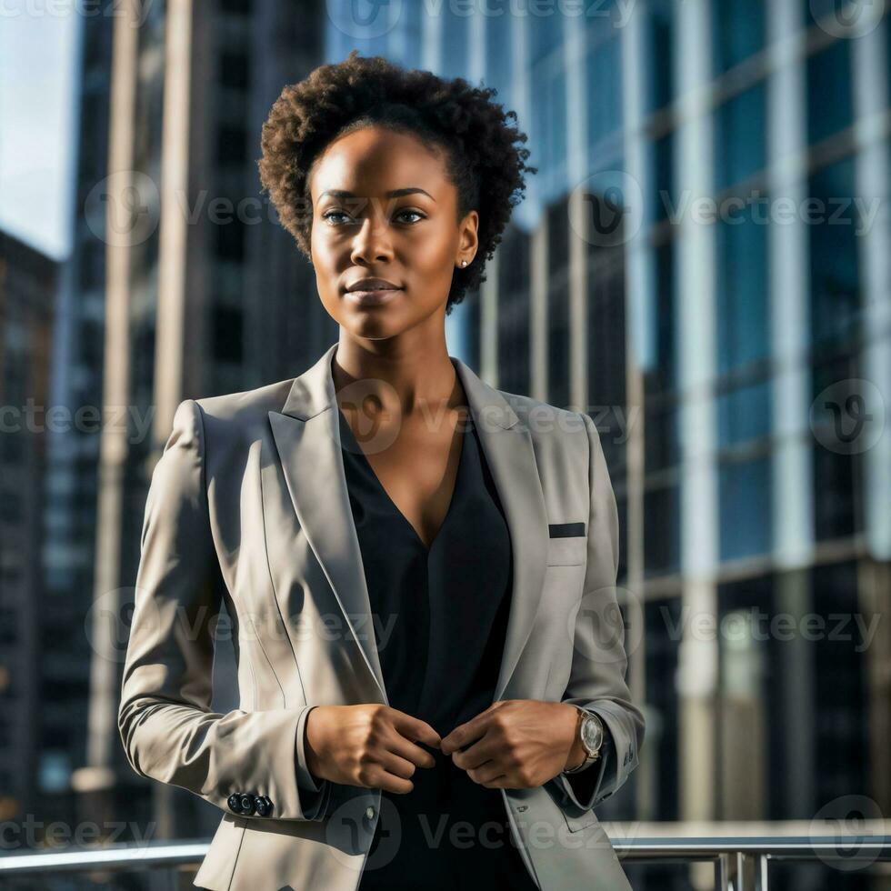 photo of smart african woman with black business suit at big modern city, generative AI