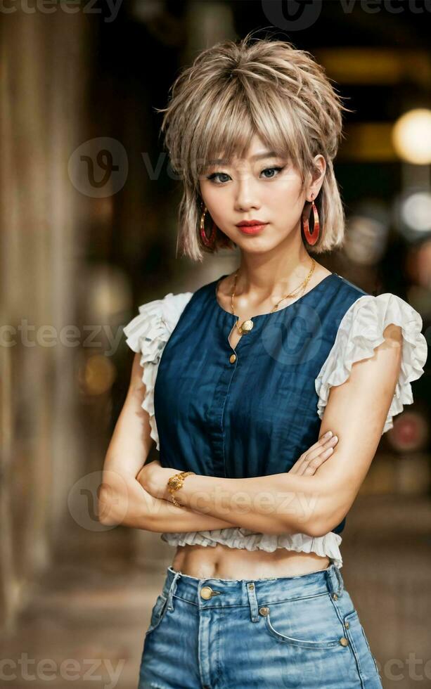 photo of teenage playful asian woman with accessories and mullet hairstyle, generative AI