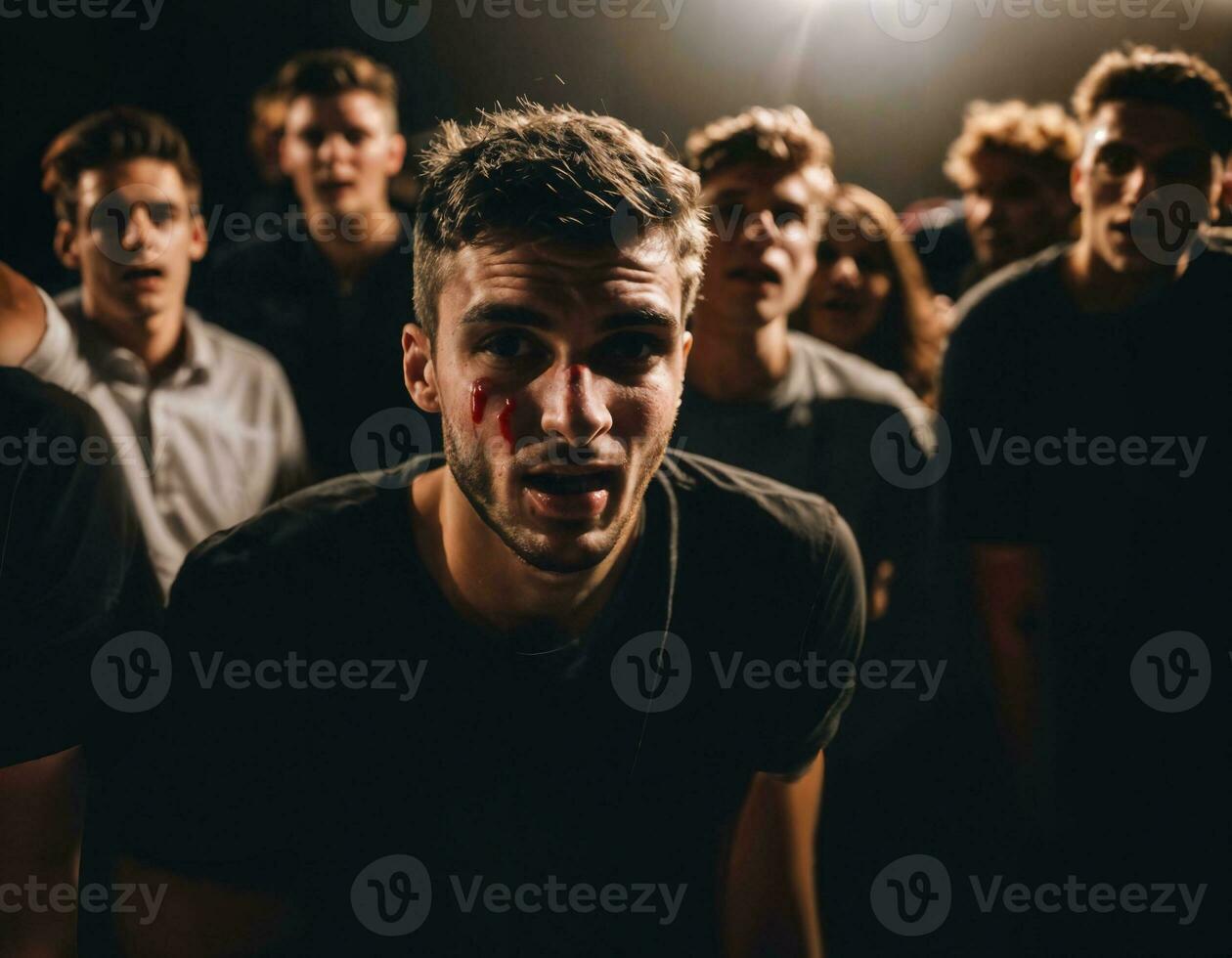 photo group of rage angry teenage college boy fighting the other with wound on face, generative AI