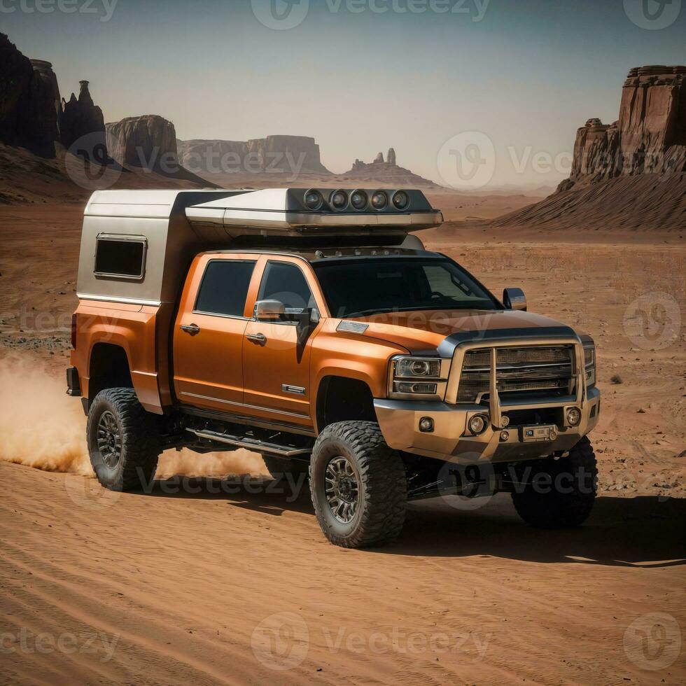 photo of truck in hot sand desert, generative AI