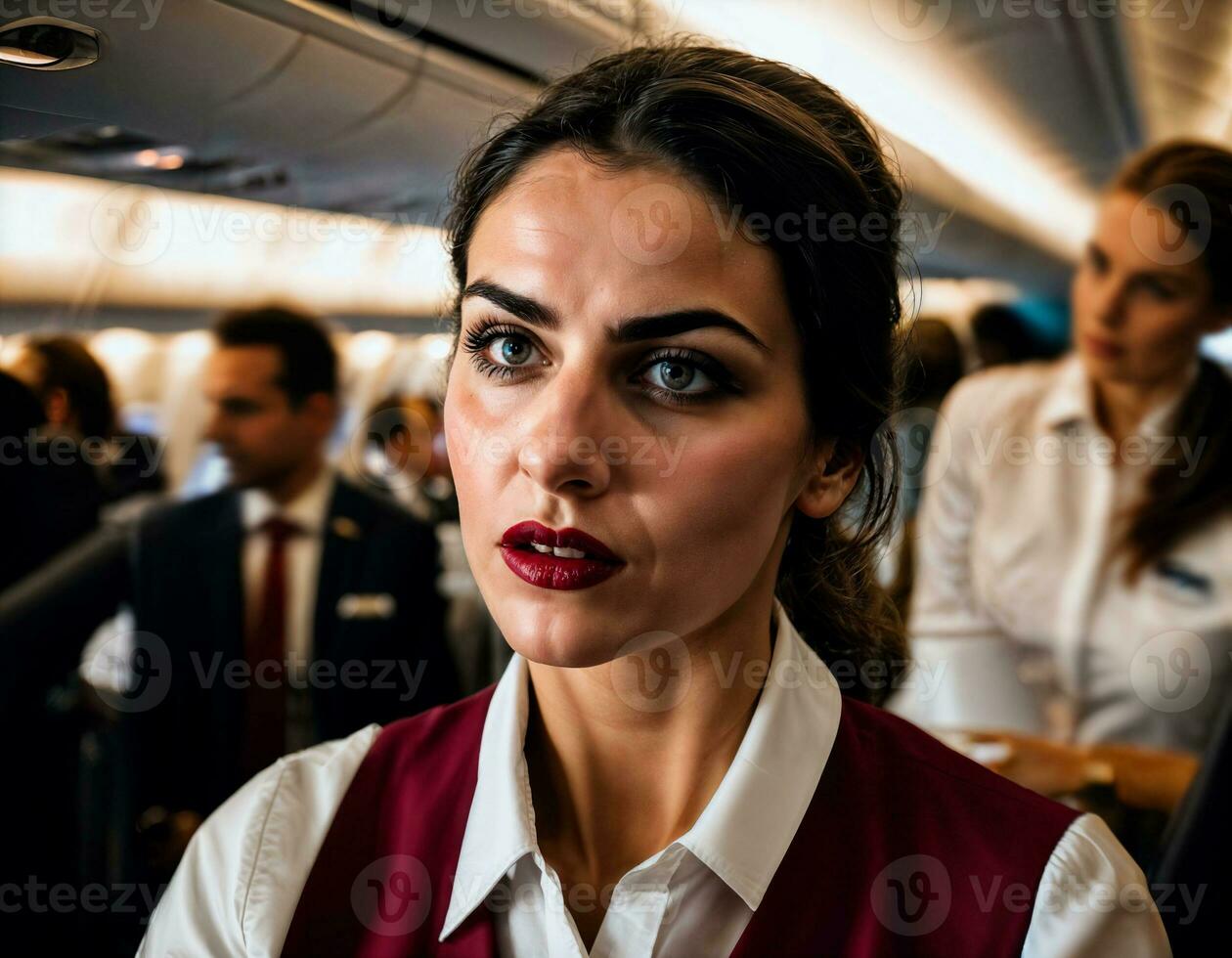 photo of rage angry air hostess crew woman arguing the other with wound on face, generative AI