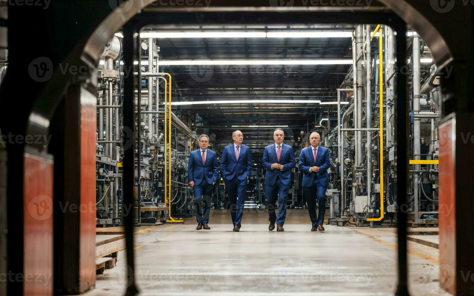 photo of group working entrepreneur man at factory with machine, generative AI