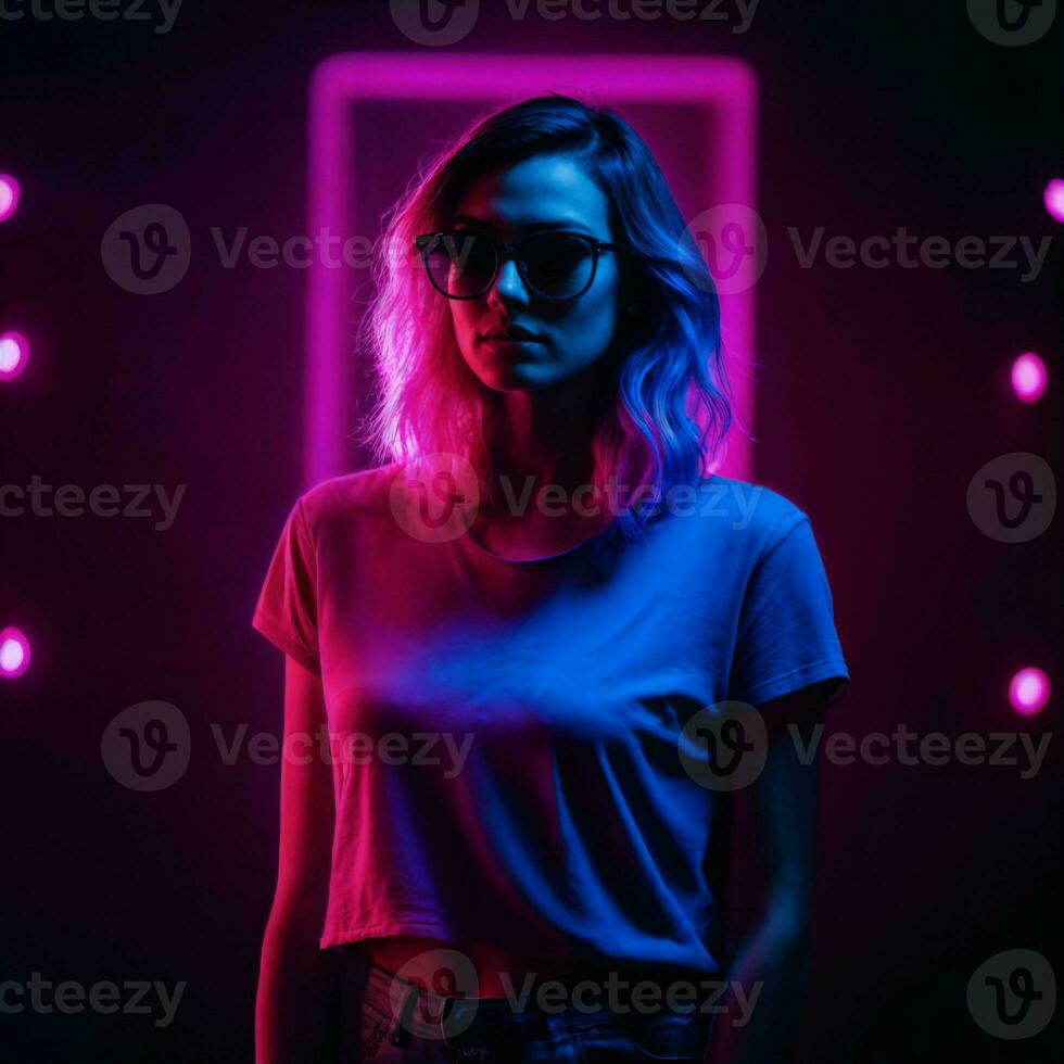 foto de hermosa mujer con con mezclado rosado y azul neón luz, generativo ai