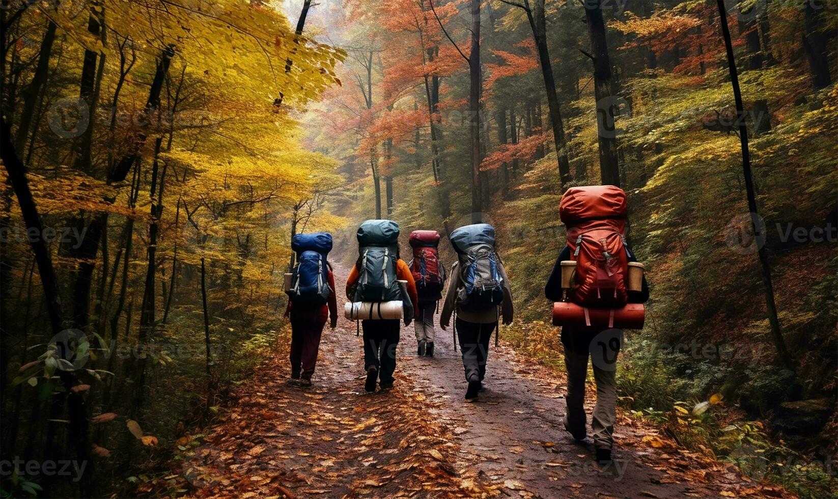 grupo de mochileros trekking en el la carretera en un otoño bosque. ai generado foto