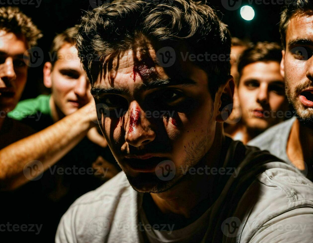 foto grupo de rabia enojado Adolescente Universidad chico luchando el otro con herida en rostro, generativo ai