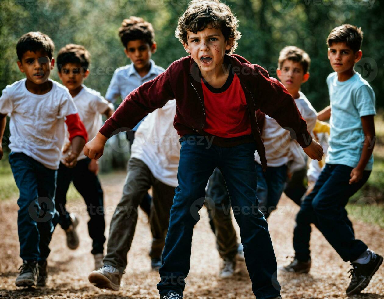 photo group of boy being bullied with wound and blood in the gang, generative AI