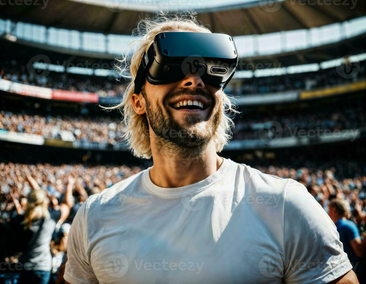 photo of handsome man with VR glasses headset at stadium sport arena, generative AI