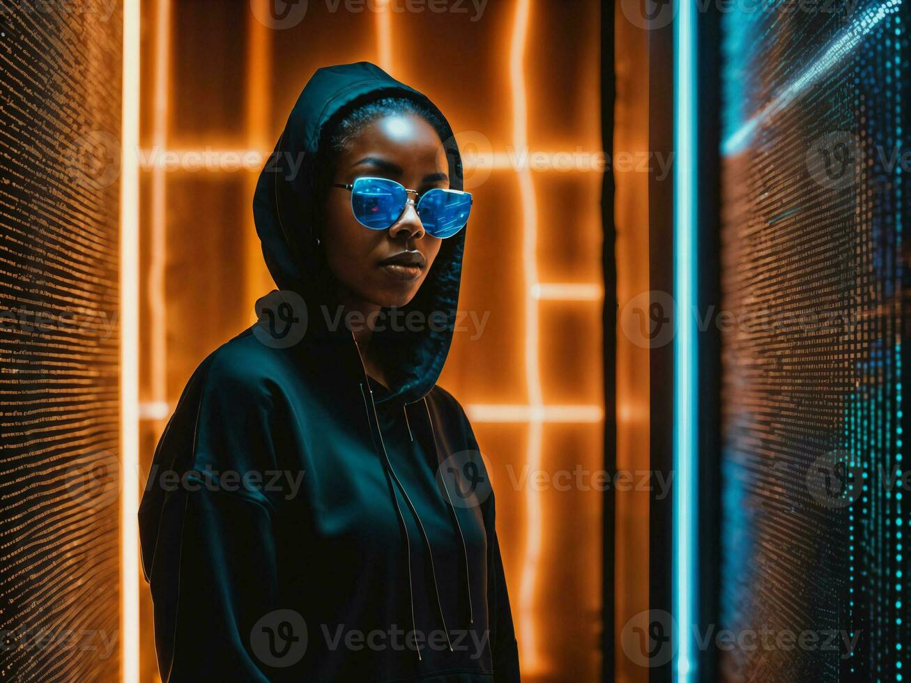 photo of black woman in black hoodie in server data center room with neon light, generative AI