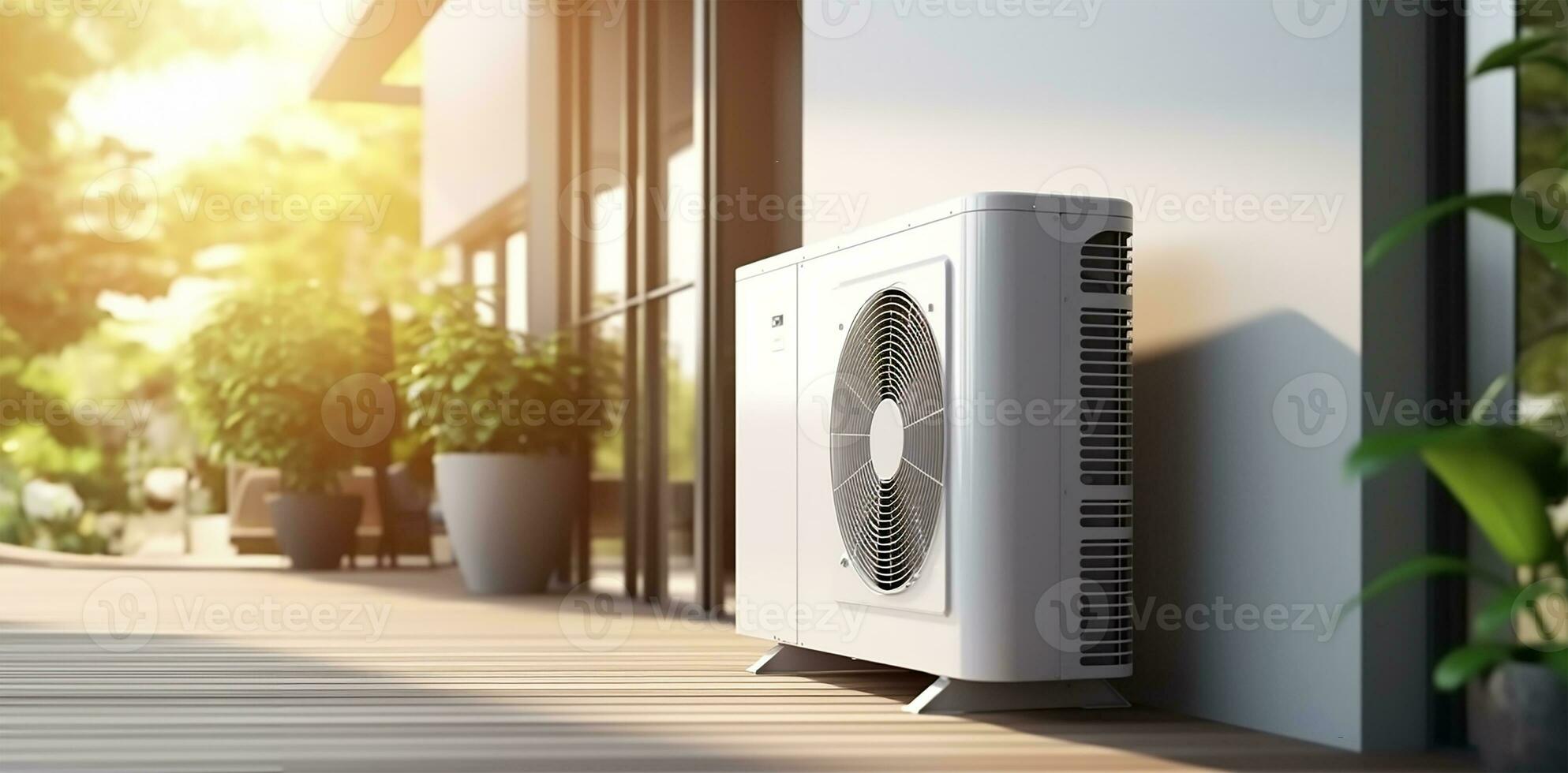Air source heat pump installed in a residential building. AI Generated photo