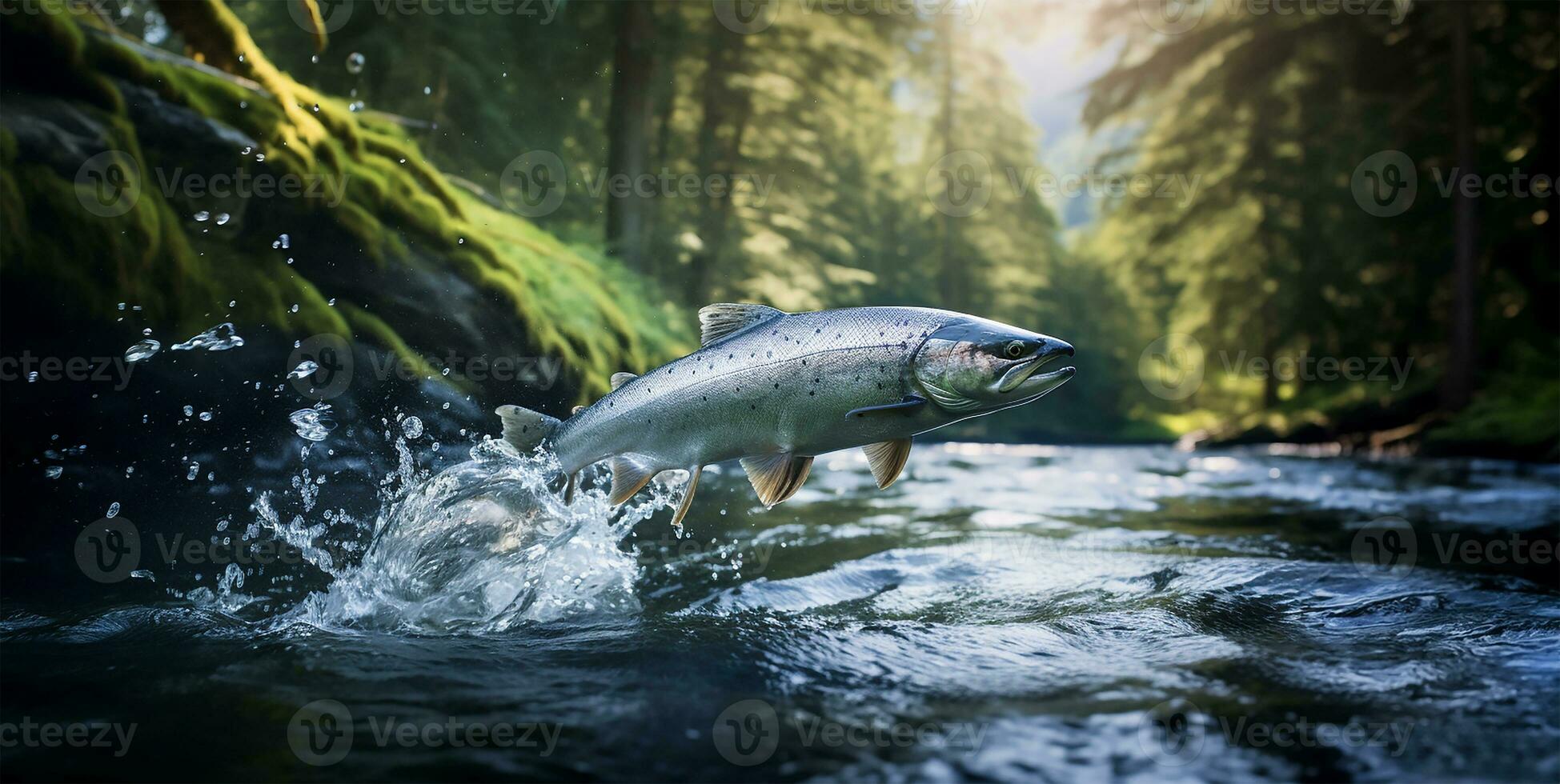 Wild Chinook salmon fish jumping out of river water in a forest. AI Generated photo