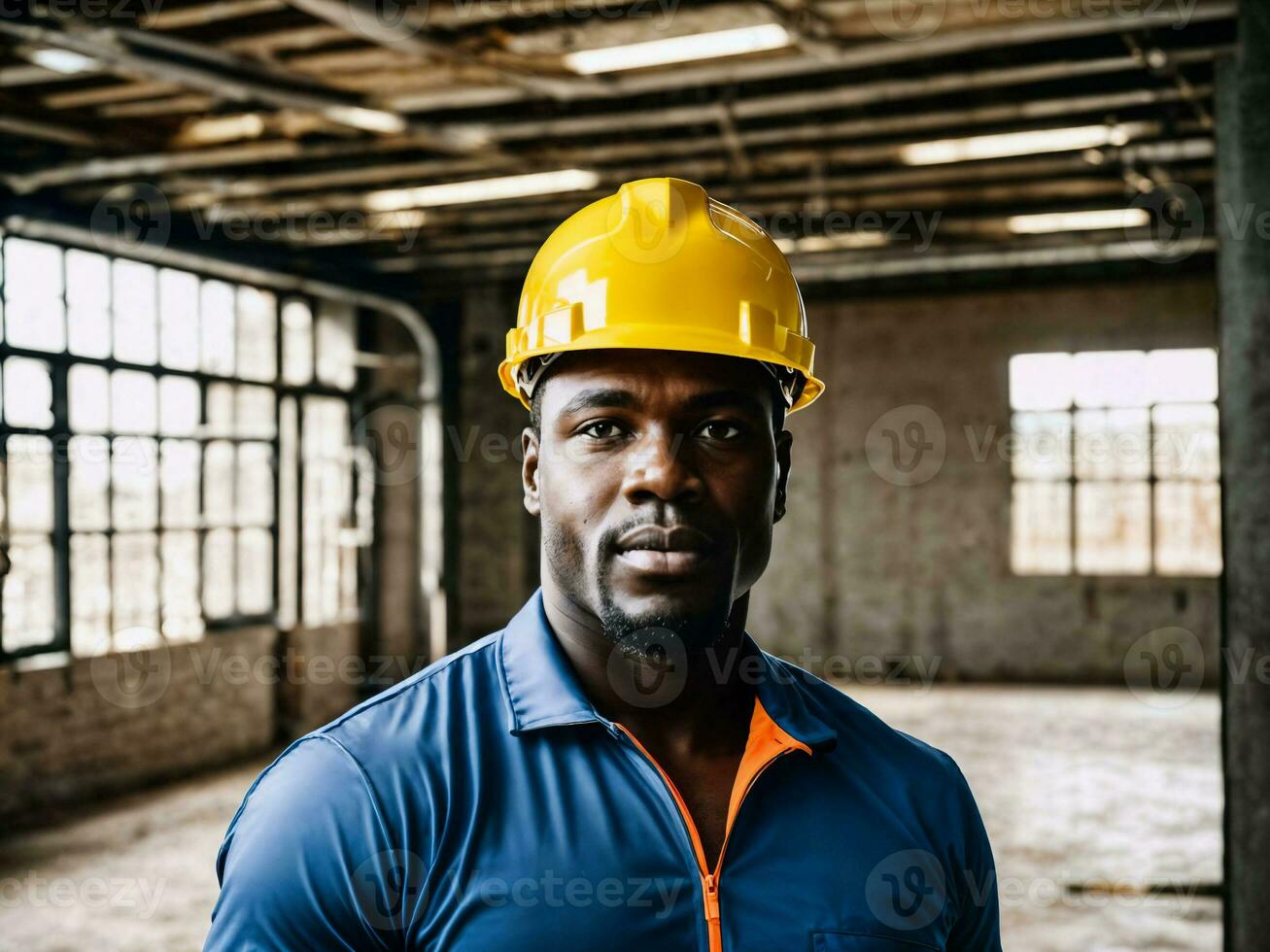 photo of african black man as a construction worker with helmet, generative AI
