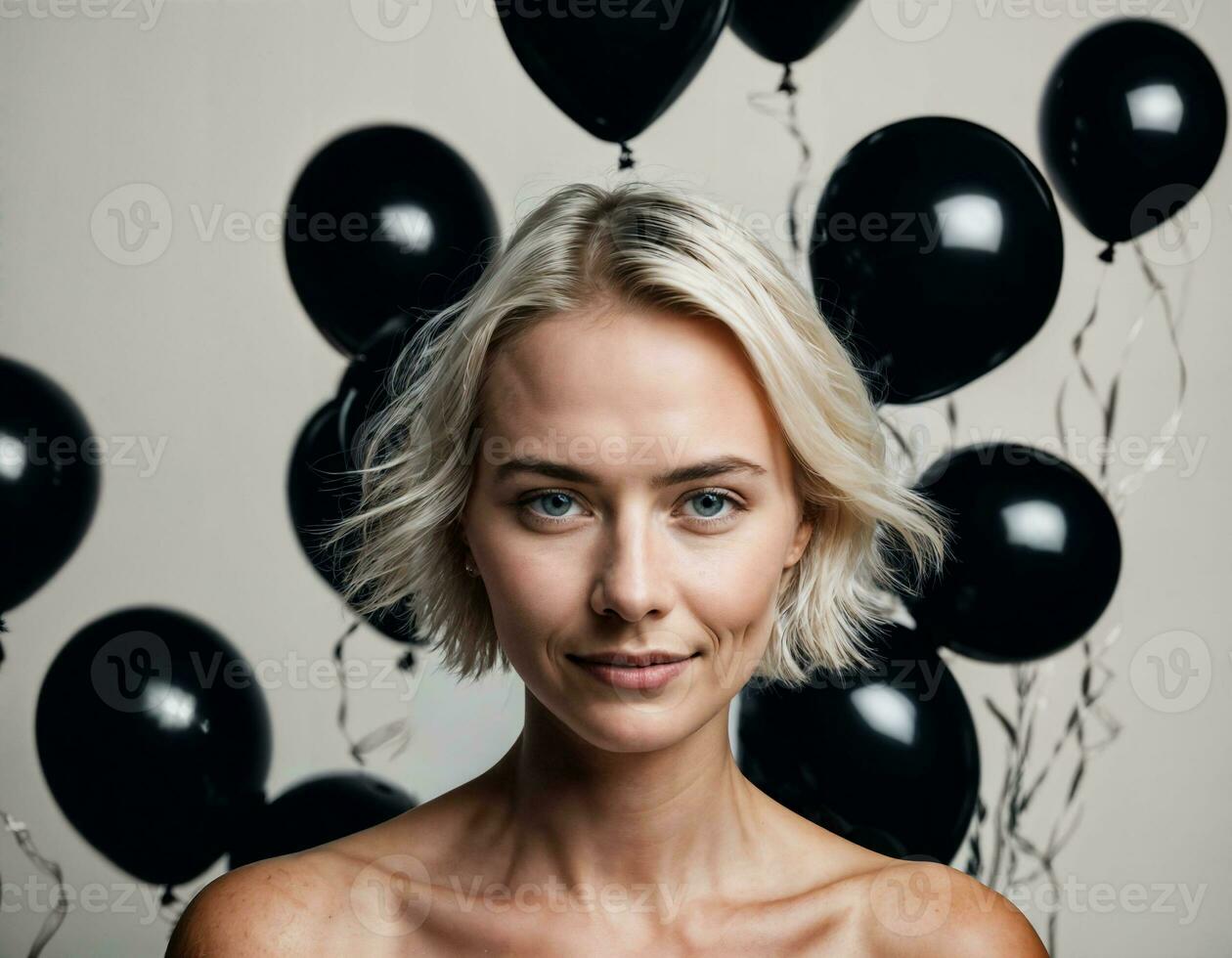 foto de hermosa europeo mujer con rubia pelo color en negro y blanco globos en fondo, generativo ai