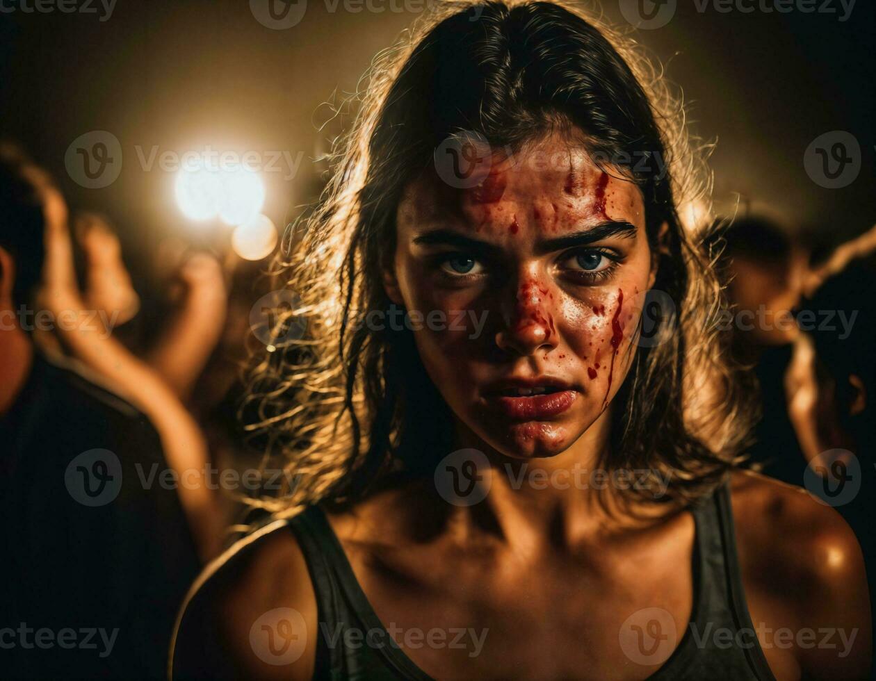 foto grupo de rabia enojado Adolescente Universidad niña luchando el otro con herida en rostro, generativo ai