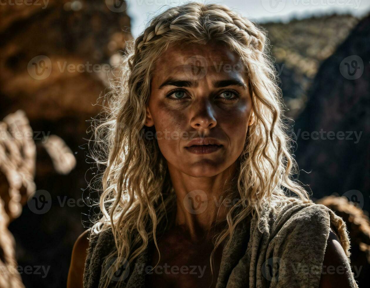 photo of of strong cavewoman inside dark cave, generative AI