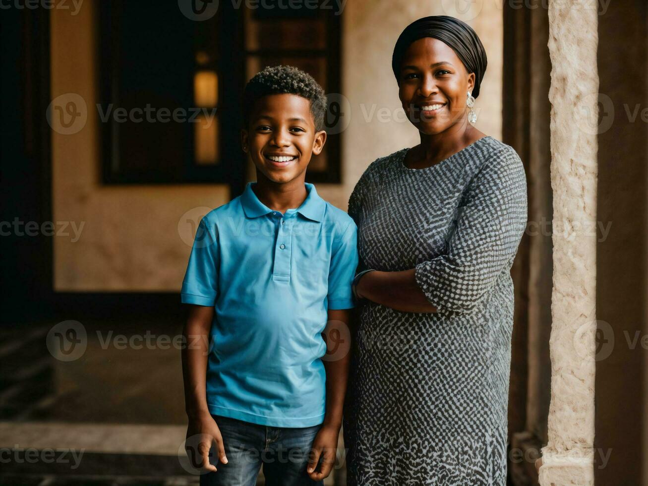 photo of happy family black mother and son, generative AI