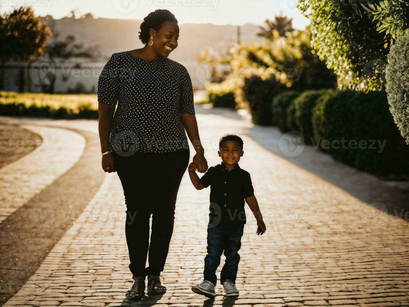 photo of happy family black mother and son, generative AI