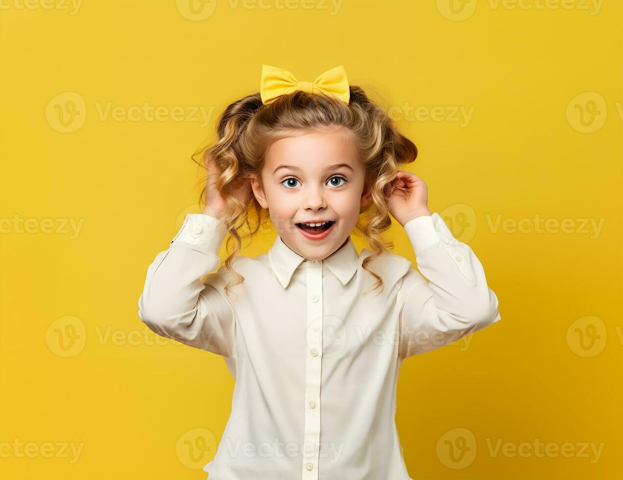 gracioso niño Chica de escuela amarillo antecedentes. ai generado foto