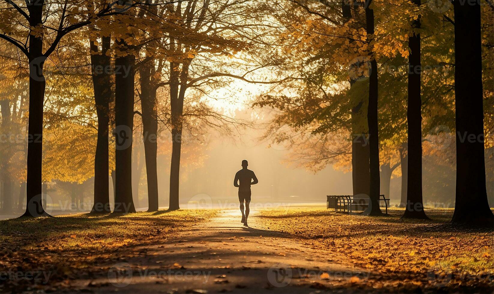 hombre corriendo en parque durante un otoño Mañana. ai generado foto