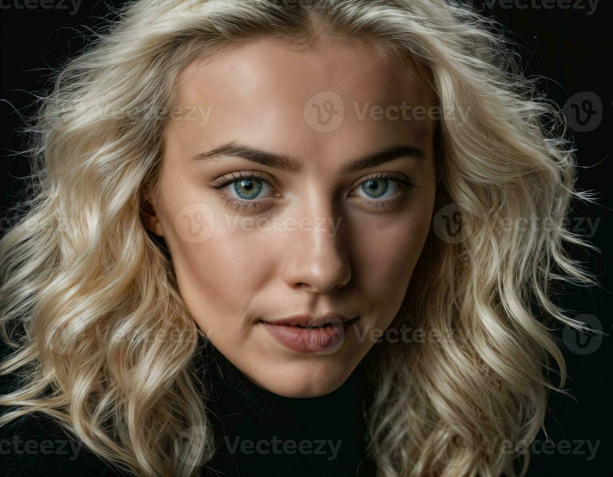 photo of close up beautiful european woman with blonde hair color in black background, generative AI