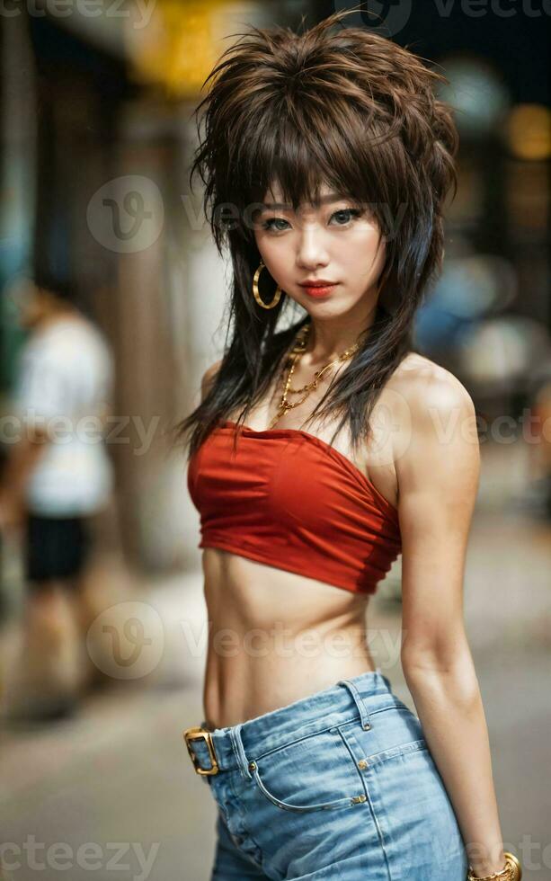 photo of teenage playful asian woman with accessories and mullet hairstyle, generative AI