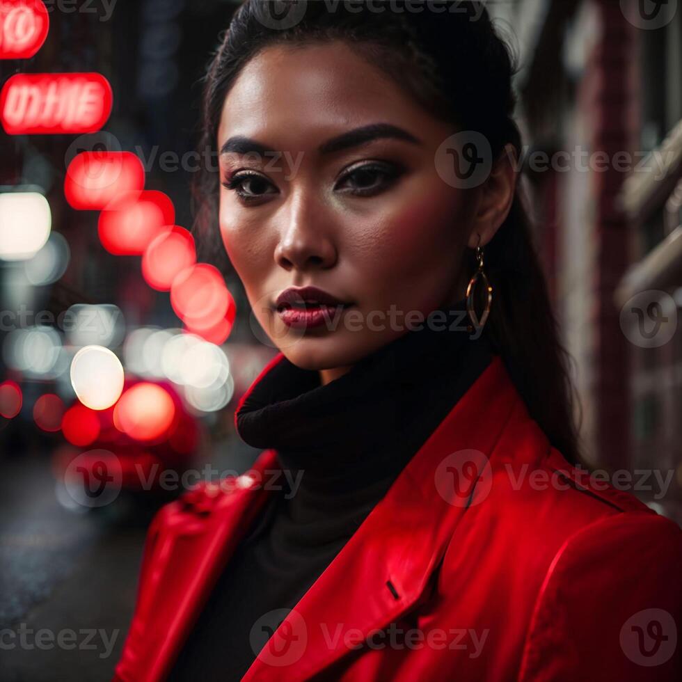photo of woman in red cloth at street night with light,