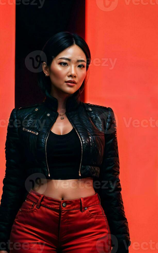 photo of asian woman in jacket outfit with colorful light in background, generative AI