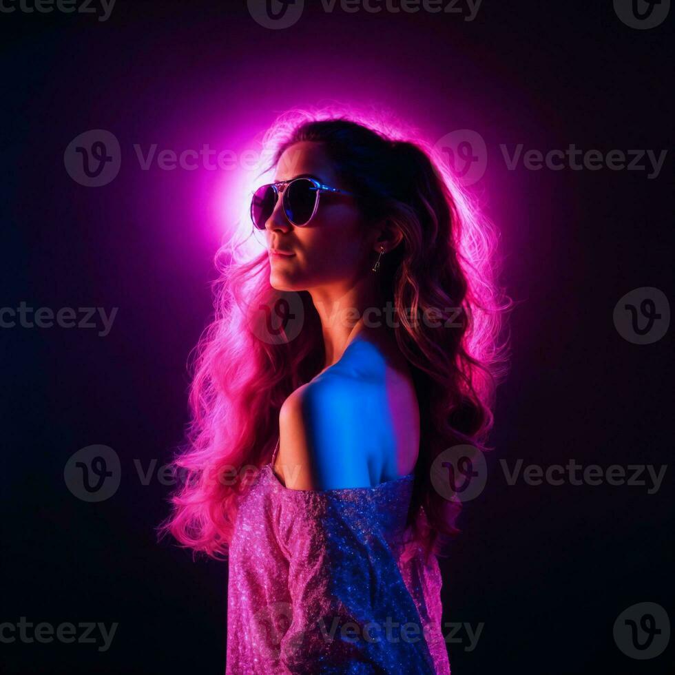 photo of beautiful woman with with mixed pink and blue neon light, generative AI