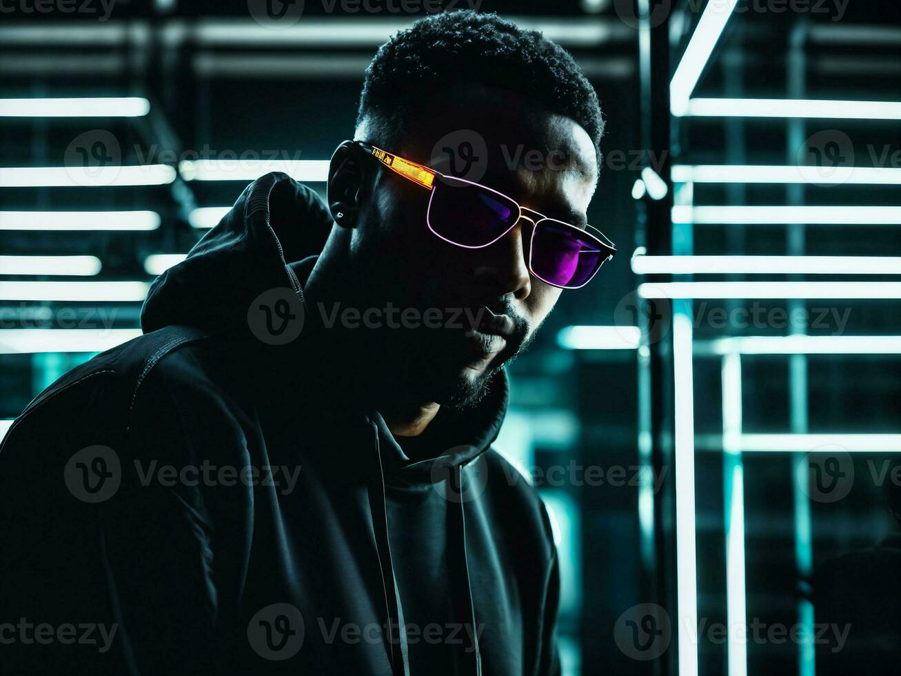 photo of black man in black hoodie in server data center room with neon light, generative AI