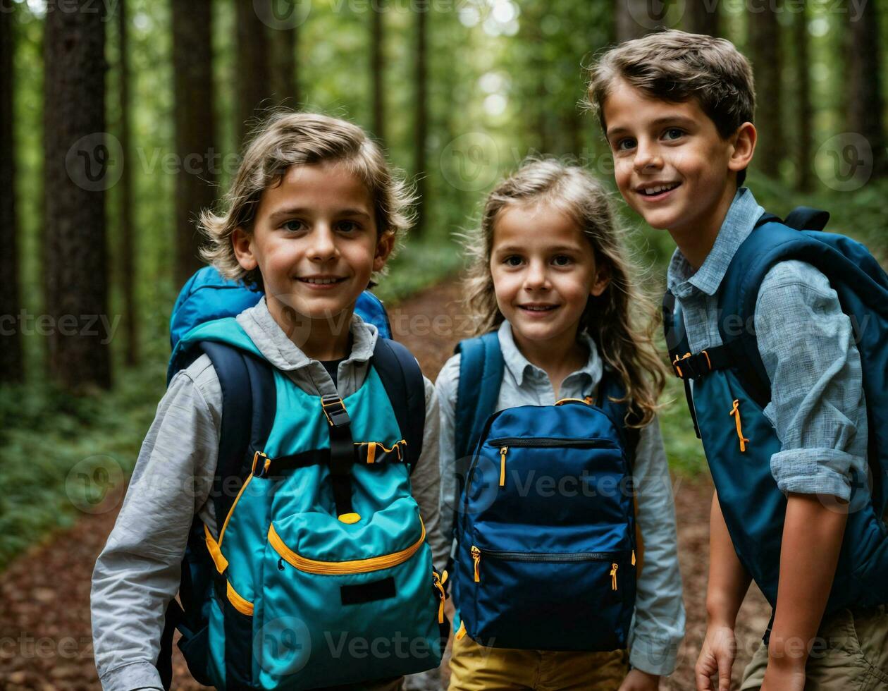 photo group of kids as a backpacker in the dark wood, generative AI