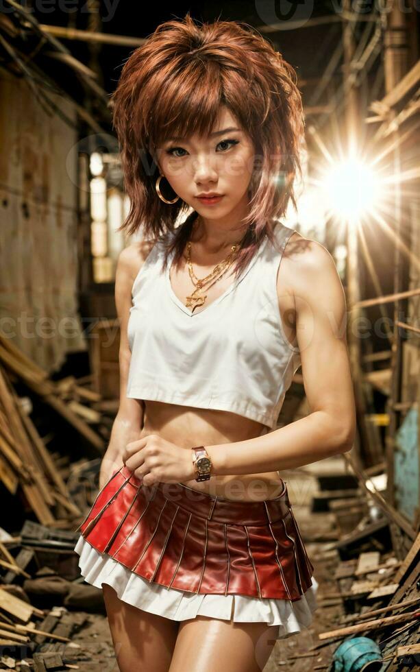 photo of teenage playful asian woman with accessories and mullet hairstyle, generative AI