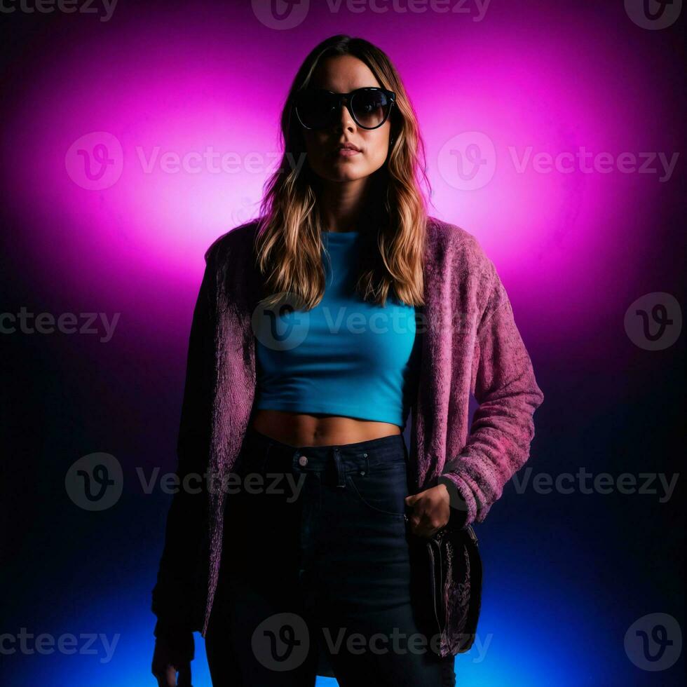 photo of beautiful woman with with mixed pink and blue neon light, generative AI