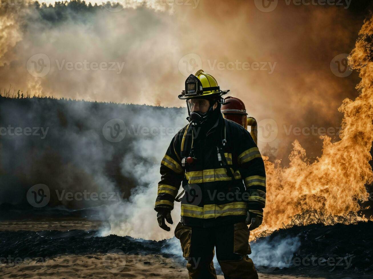 photo of firefighter with big fire cloud and smoke in background, generative AI