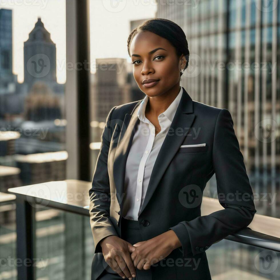 foto de inteligente africano mujer con negro negocio traje a grande moderno ciudad, generativo ai