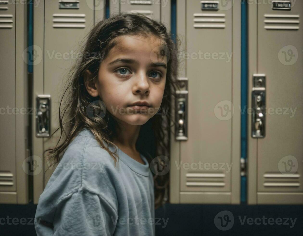 photo of scary girl kid in locker room, generative AI