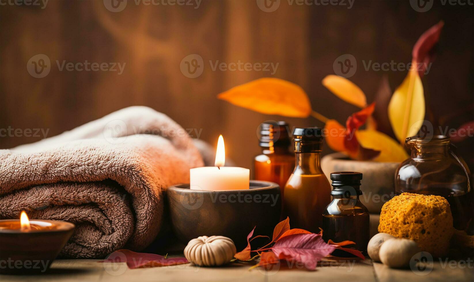Autumn spa and aromatherapy setup, Displaying elements like aromatic candles, essential oils infused with autumn herbs, and dried fall leaves. AI Generated photo