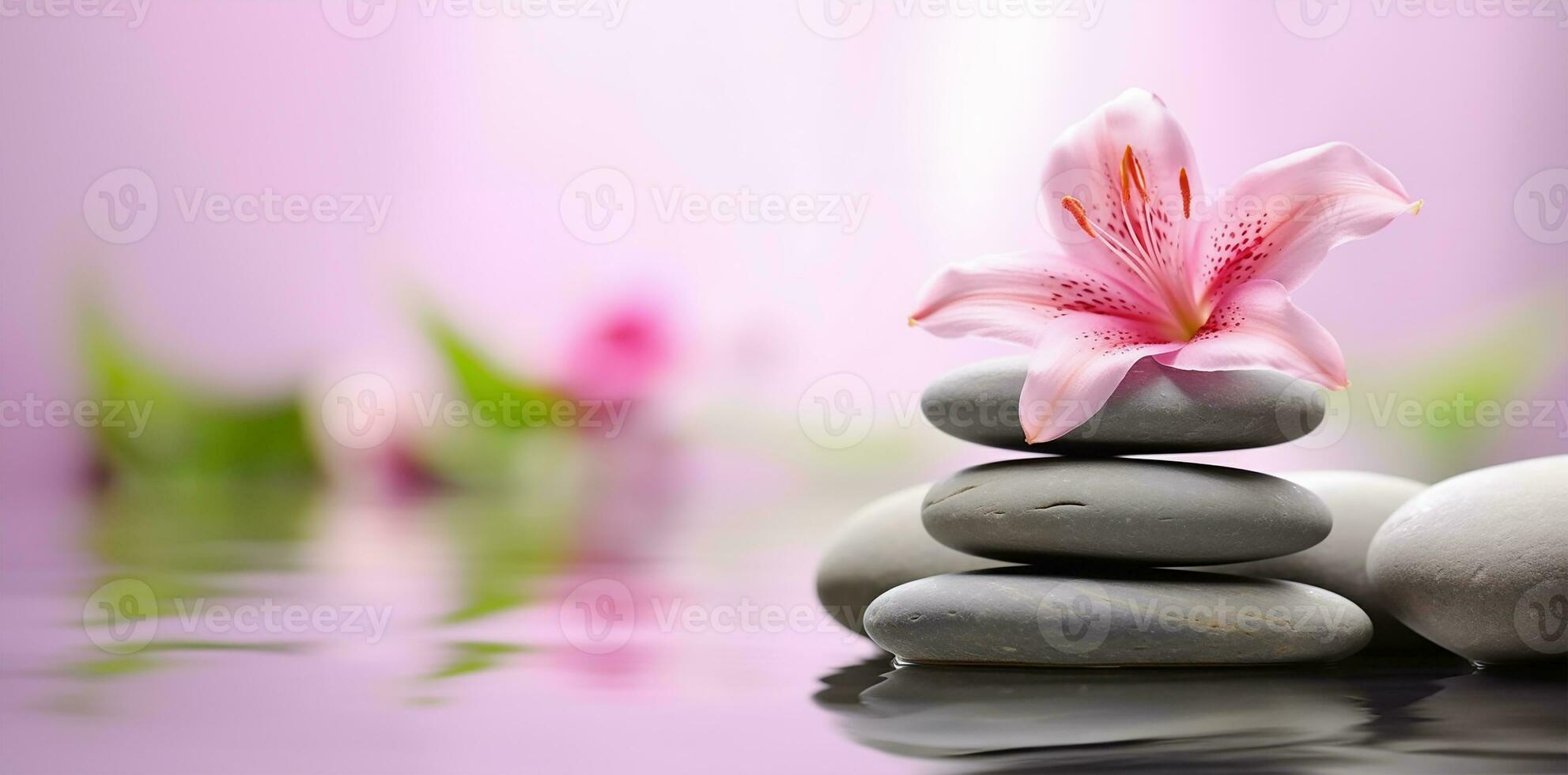 a serene zen garden, focusing on a stack of spa massage stones delicately balanced with pink lily flowers adorning them. AI Generated photo