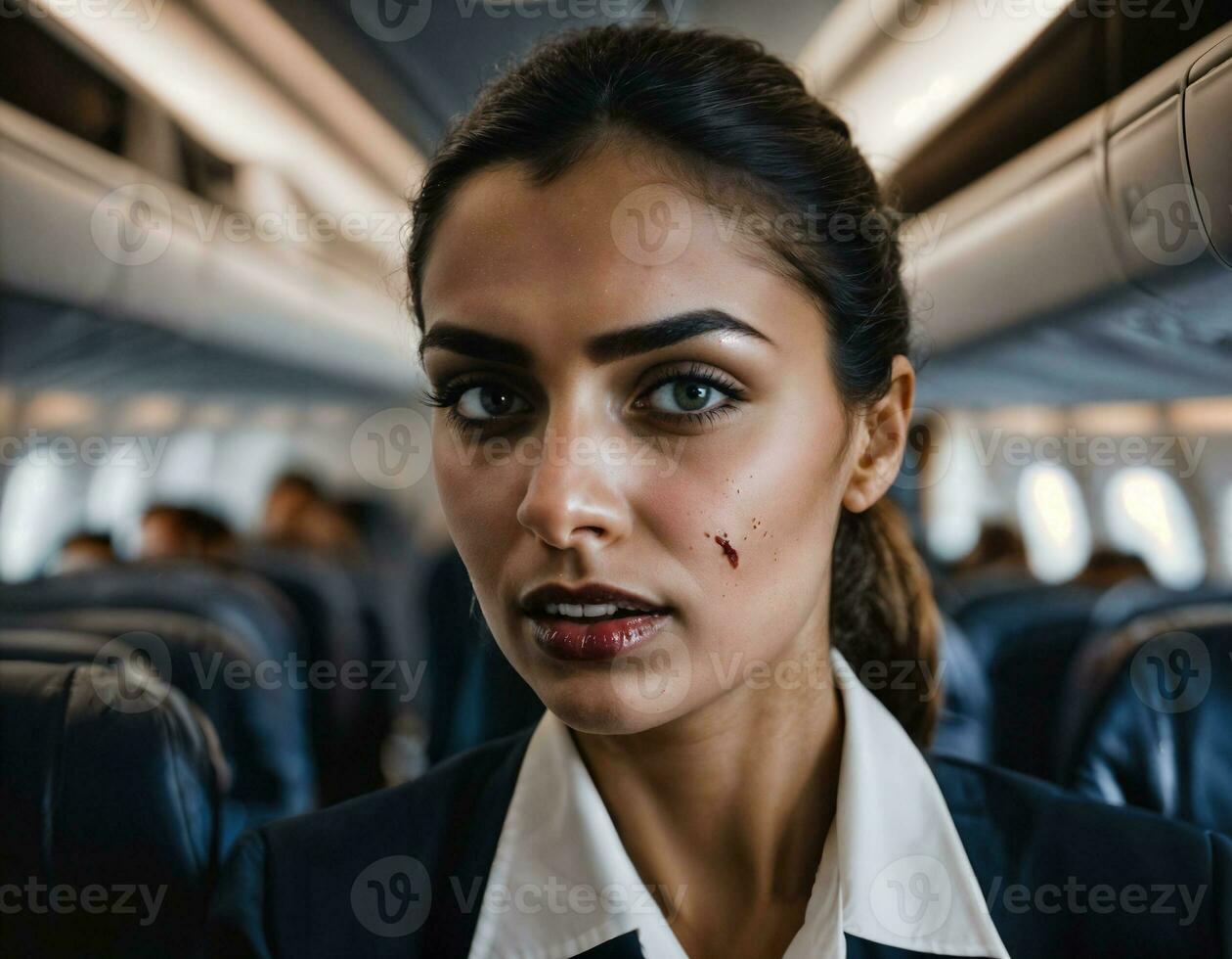 photo of rage angry air hostess crew woman arguing the other with wound on face, generative AI