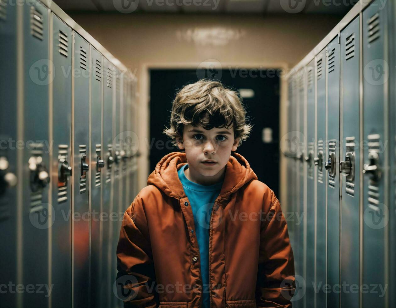 photo of scary boy kid in locker room, generative AI