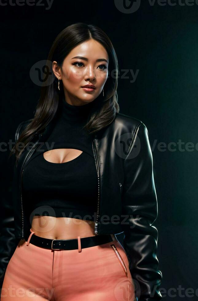 photo of asian woman in jacket outfit with colorful light in background, generative AI